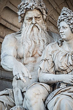 Neptune and his wife Salacia fountain near Albertina and Hofburg Palace in Vienna, Austria, details, closeup