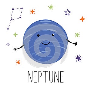 Neptune planet. Planet with hands and eyes. Vector illustration for children on white isolated background