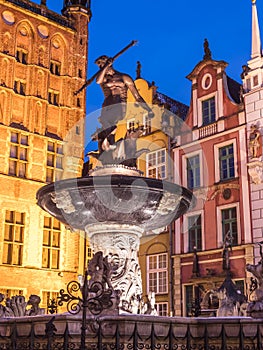 Neptune`s Fountain at night, Danzig, Poland photo