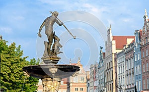 Neptune`s Fountain sculpture in the center of Gdansk, Poland