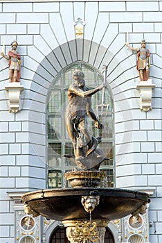 Neptune`s Fountain sculpture in the center of Gdansk, Poland