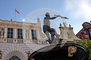 Neptune`s Fountain sculpture in the center of Gdansk, Poland