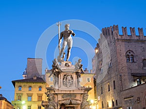 Neptune Statue at Night in Bologna, Italy