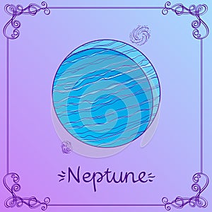 Neptune. Stylized illustration of Neptune in handmade drawing style. The symbols of astrology and astronomy