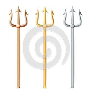 Neptune Trident Vector. Realistic 3D Silhouette Of Neptune Or Poseidon Weapon. Pitchfork Sharp Fork Object. Isolated On photo