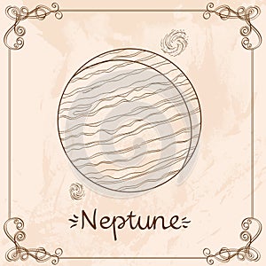 Neptune. Vintage stylized outline drawing of the Neptune. The symbols of astrology and astronomy