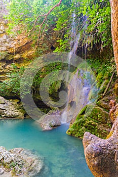 Neraida waterfalls in Milopotamos village in Kythera island in Greece