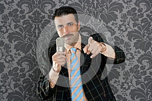 Nerd businessman microphone leader point finger