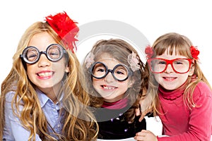 Nerd children girl group with funny glasses