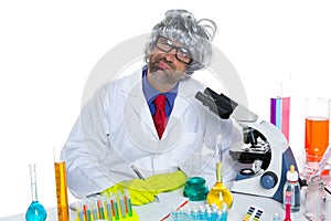 Nerd crazy scientist man portrait working at laboratory