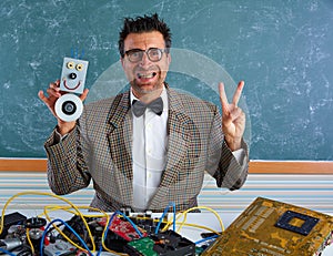 Nerd electronics technician silly winner gesture