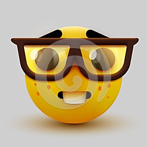 Nerd face emoji, clever emoticon with glasses. Geek or student