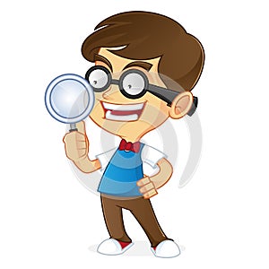 Nerd Geek holding magnifying glass