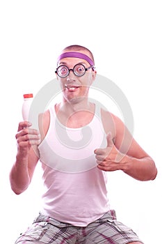 Nerd guy holding bottle with thumb up