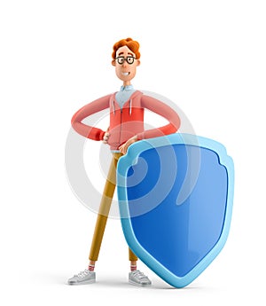 Safety and protection concept. 3d illustration. Nerd Larry with shield. photo