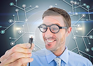 Nerd man holding cable with flare