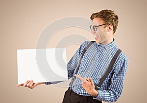 Nerd pointing at blank card against cream background