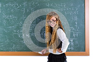 Nerd pupil blond girl in green board schoolgirl