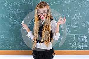 Nerd pupil blond girl in green board schoolgirl