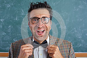 Nerd silly retro man with braces funny expression