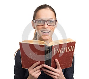 Nerd woman reading an English book