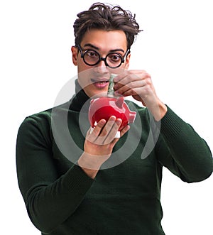 Nerd young man with piggybank isolated on white