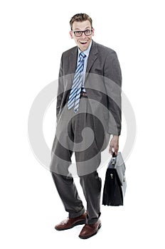 Nerdy businessman with suitcase