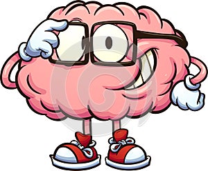 Nerdy cartoon brain with glasses photo