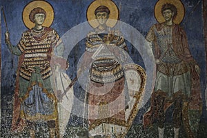 NEREZI, MACEDONIA- JUNE 09, 2019: Frescos in church of St. Panteleimon in Gorno Nerezi, North Macedonia, Byzantine orthodox church