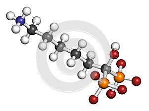 Neridronic acid drug molecule. Used for treatment of osteogenesis imperfecta and Paget`s disease of bone. 3D rendering. Atoms are