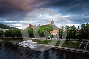 Neris River and Gediminas Castle Tower at sunset - Vilnius, Lithuania