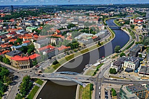 Neris river and Mindaugas bridge in Vilnius, Lithuania, aerial