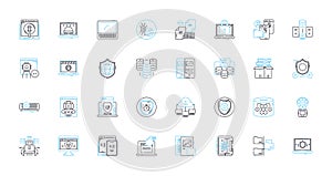 Nerk Security linear icons set. Firewall, Encryption, Authentication, Intrusion, Cybersecurity, Malware, Vulnerability