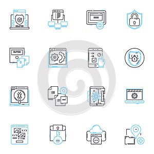 Nerk Security linear icons set. Firewall, Encryption, Authentication, Intrusion, Cybersecurity, Malware, Vulnerability