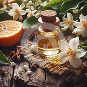 Neroli essential oil with flowers on a wooden background. ai generative