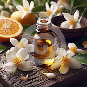 Neroli essential oil with flowers on a wooden background. ai generative