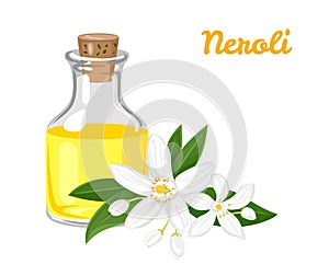 Neroli essential oil in glass bottle and flower isolated on white. Vector illustration