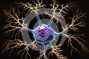 Nerve cell with dendrites, macro view of neuron inside brain, generative AI photo