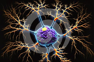 Nerve cell with dendrites, macro view of neuron inside brain, generative AI