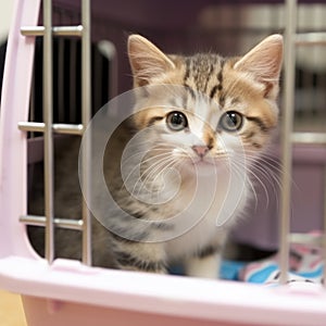 nervous kitten inside a pink cat carrier box at the veterinary