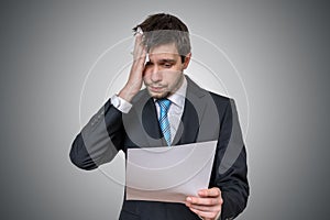 Nervous man is afraid of public speech and sweating