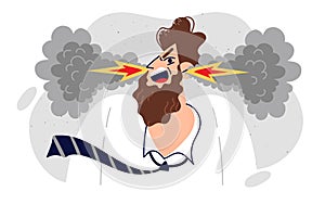 Nervous man screams, experiencing irritation and aggression, blows smoke and flames from ears