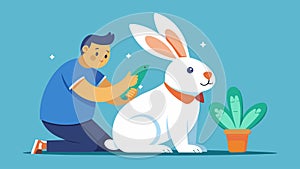 A nervous rabbit is comforted by a gentle groomer who uses a mobile tool to give them a relaxing and thorough grooming photo