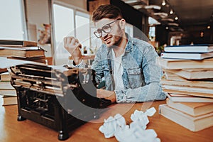 Nervous Sad Textwriter Working on Typewriter