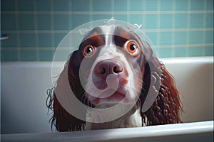 Nervous surprised scared dog taking a bath
