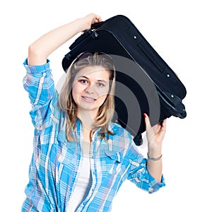 Nervous traveller woman with luggage