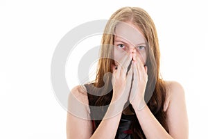 Nervous woman disgusted scared of facing destiny girl face expression on white background