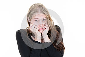 Nervous woman feel anxious afraid of facing destiny girl scared expression on white background