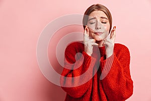 Nervous woman with hopeful please fingers crossed gesture