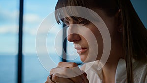 Nervous woman making decision alone closeup. Anxious manager thinking problems